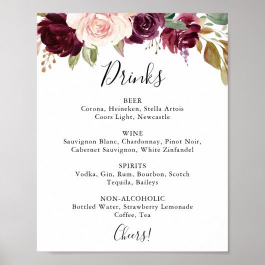 Rustic Floral Botanical Wedding Drink Menu Sign Poster (Voorkant)