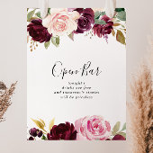 Rustic Floral Botanical Wedding Open Bar Sign Poster