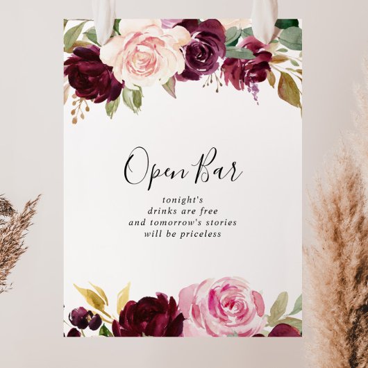 Rustic Floral Botanical Wedding Open Bar Sign Poster