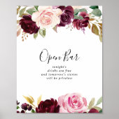 Rustic Floral Botanical Wedding Open Bar Sign Poster (Voorkant)