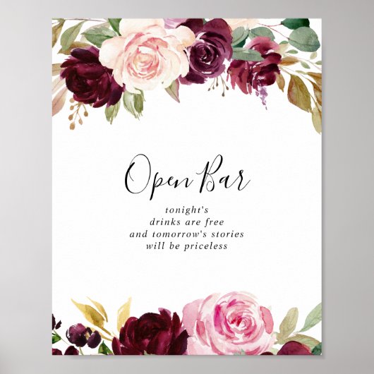 Rustic Floral Botanical Wedding Open Bar Sign Poster (Voorkant)