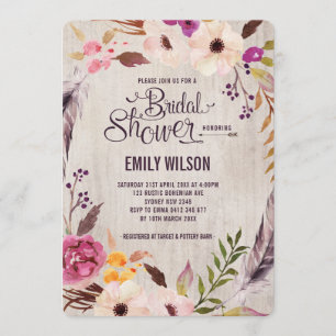 Rustic Floral Bridal Shower Invitation Boho Party Kaart