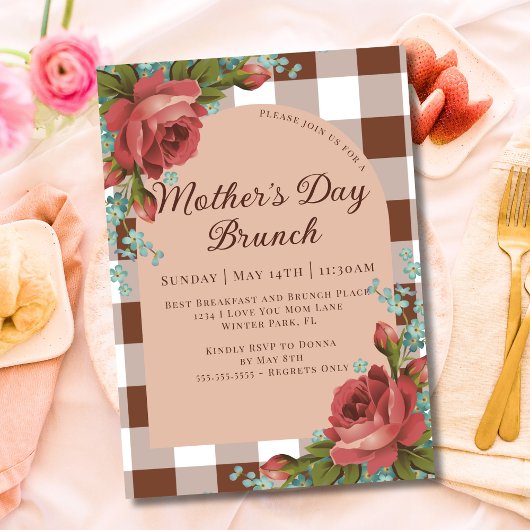 Rustic Floral Brown Bourgogne Moederdag Brunch Kaart