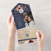 Rustic Floral Burgundy Navy Blue Wedding All In One Uitnodiging (Afscheurbaar)