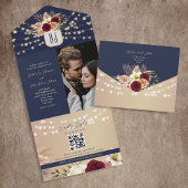 Rustic Floral Burgundy Navy Blue Wedding All In One Uitnodiging
