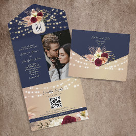 Rustic Floral Burgundy Navy Blue Wedding All In One Uitnodiging