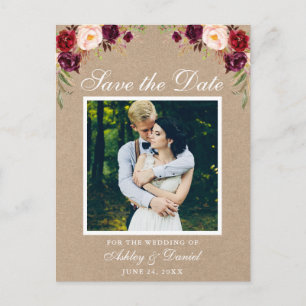 Rustic Floral Burgundy Save the Date Photo Kraft Aankondigingskaart