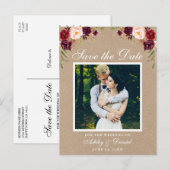 Rustic Floral Burgundy Save the Date Photo Kraft Aankondigingskaart (Voorkant / Achterkant)