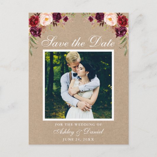 Rustic Floral Burgundy Save the Date Photo Kraft Aankondigingskaart (Voorkant)