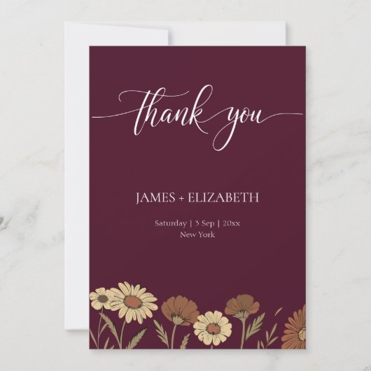 Rustic Floral Burgundy Wedding Bedankkaart (Voorkant)