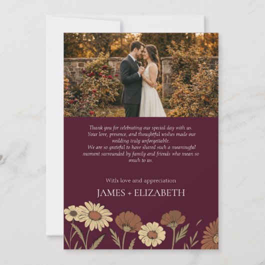 Rustic Floral Burgundy Wedding Bedankkaart (Achterkant)