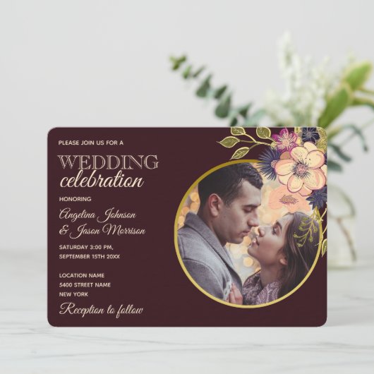 Rustic Floral Burgundy Wedding Kaart (Staand voorkant)