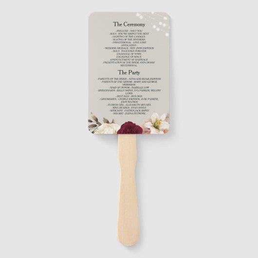Rustic Floral Burgundy Wedding Programme Hand Fan Handwaaier (Achterkant)