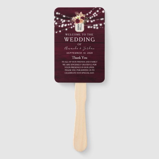 Rustic Floral Burgundy Wedding Programme Hand Fan Handwaaier (Voorkant)
