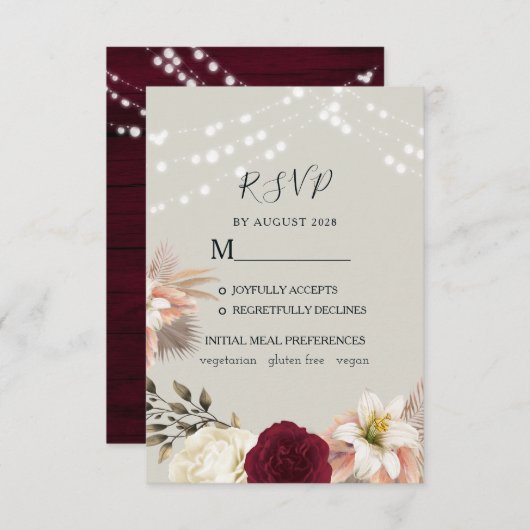 Rustic Floral Burgundy Wedding RSVP Kaart (Voorkant / Achterkant)