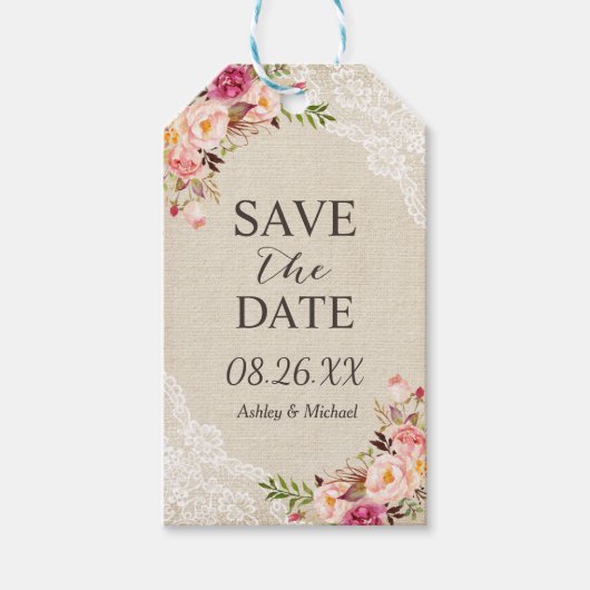 Rustic Floral Burlap Wedding Save the Date Cadeaulabel (Voorkant)