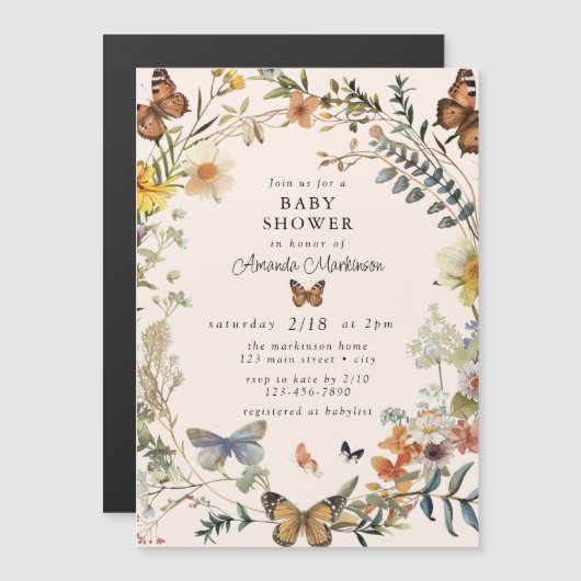 Rustic Floral Butterfly Geslachtsneutraal Baby sho Magnetische Uitnodiging (Voorkant / Achterkant)