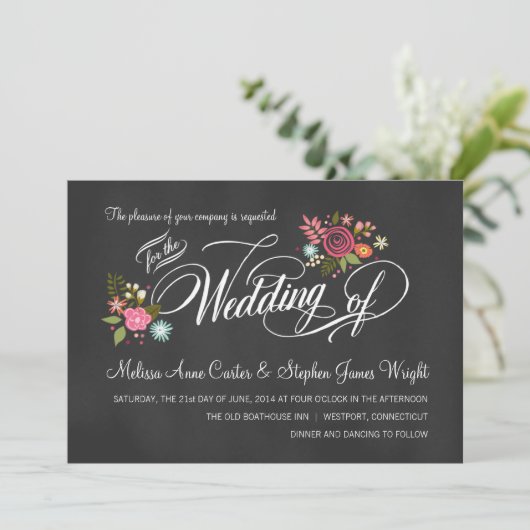 Rustic Floral Chalkboard Wedding Invitations Kaart (Staand voorkant)