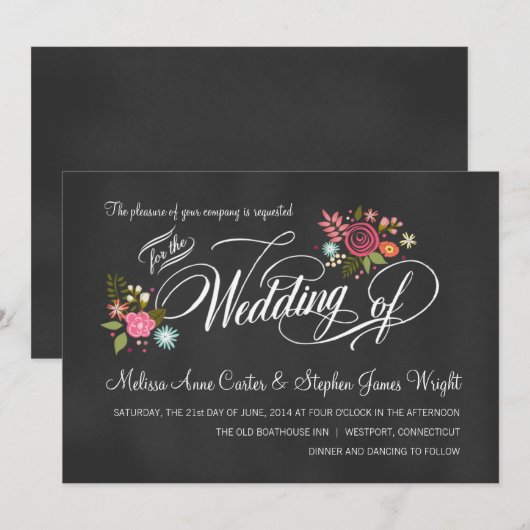 Rustic Floral Chalkboard Wedding Invitations Kaart (Voorkant / Achterkant)
