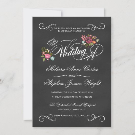 Rustic Floral Chalkboard Wedding Invitations Kaart (Voorkant)
