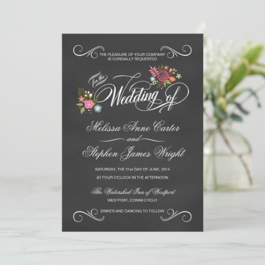 Rustic Floral Chalkboard Wedding Invitations Kaart (Staand voorkant)