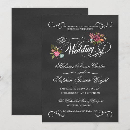 Rustic Floral Chalkboard Wedding Invitations Kaart (Voorkant / Achterkant)