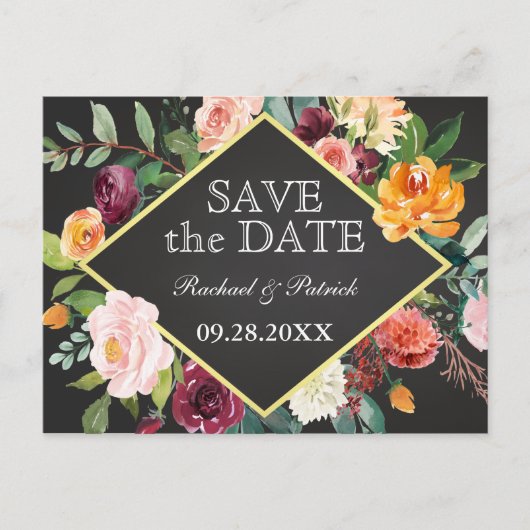 Rustic Floral Chalkboard Wedding Save the Date Aankondigingskaart (Voorkant)