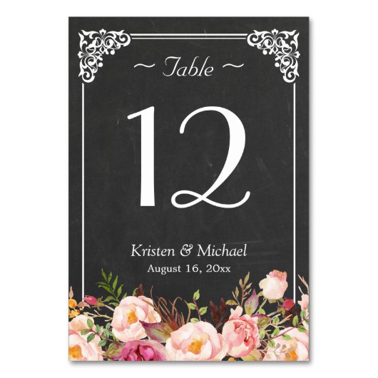 Rustic Floral Chalkboard Wedding Table Number Kaart (Voorkant)