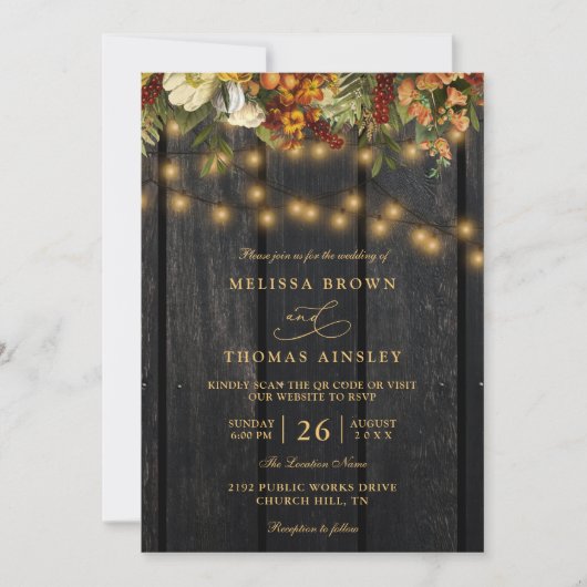 Rustic floral chic barn wood qr code wedding kaart (Voorkant)