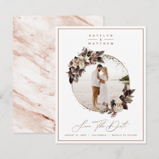 Rustic Floral Copper Framed Foto & Calligrafie Save The Date (Voorkant / Achterkant)