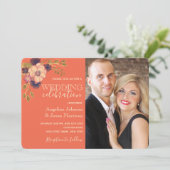 Rustic Floral Coral and Navy Blue Wedding Photo Kaart (Staand voorkant)
