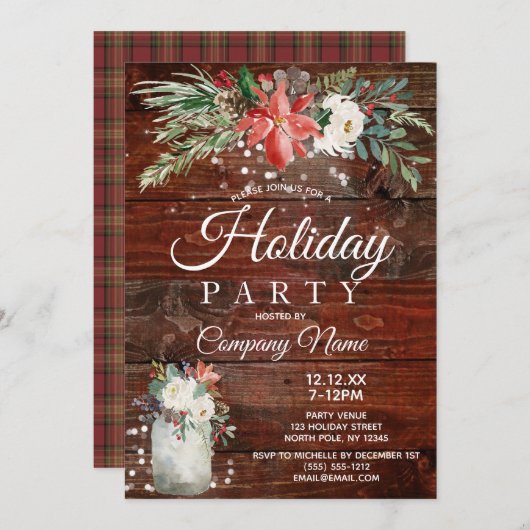 Rustic Floral Corporate Holiday Kerstparty Kaart (Voorkant / Achterkant)