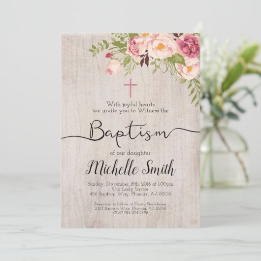 Rustic Floral  Country Script Boho Baptisme Kaart (Staand voorkant)