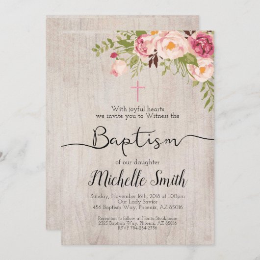 Rustic Floral  Country Script Boho Baptisme Kaart (Voorkant / Achterkant)