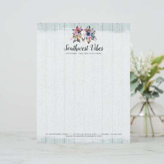 Rustic Floral Cow Skull Waterverf Wood Boho Chic Briefhoofd (Staand voorkant)