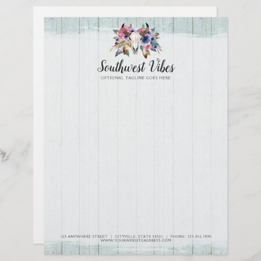 Rustic Floral Cow Skull Waterverf Wood Boho Chic Briefhoofd (Voorkant / Achterkant)