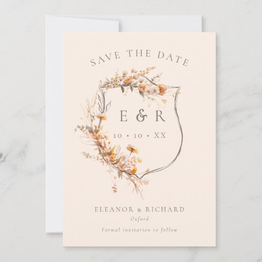 Rustic Floral Crest Monogram Herfst Trouwfoto Save The Date (Voorkant)