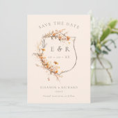 Rustic Floral Crest Monogram Herfst Trouwfoto Save The Date (Staand voorkant)
