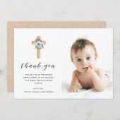 Rustic Floral Cross Kraft Kijk | Fotobaptisme Bedankkaart (Voorkant / Achterkant)