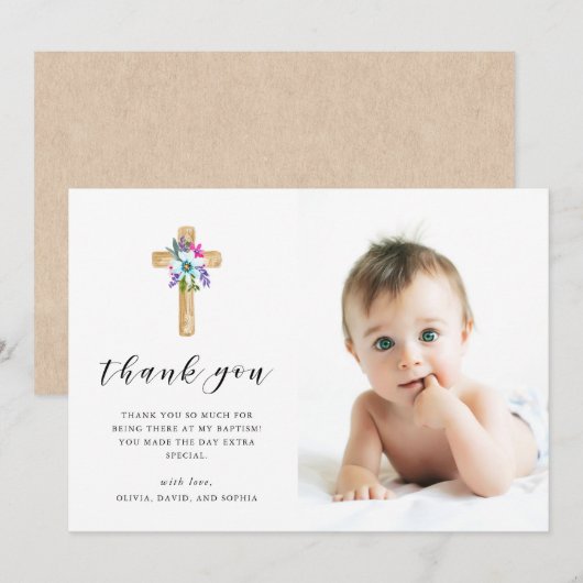Rustic Floral Cross Kraft Kijk | Fotobaptisme Bedankkaart (Voorkant / Achterkant)