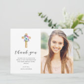 Rustic Floral Cross Kraft Kijk foto's bevestigen Bedankkaart (Staand voorkant)