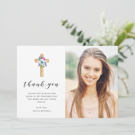 Rustic Floral Cross Kraft Kijk foto's bevestigen Bedankkaart (Staand voorkant)