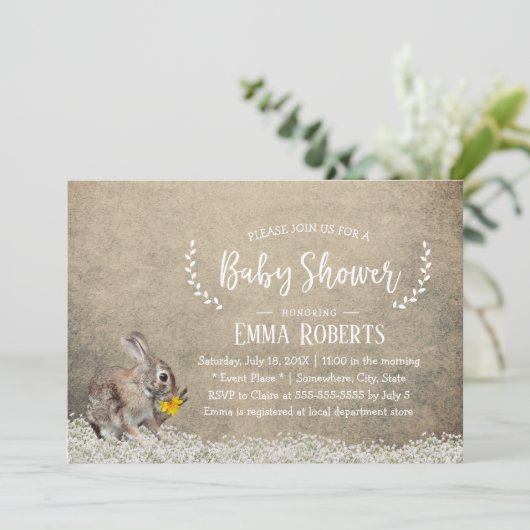 Rustic Floral Cute Rabbit Baby shower Kaart (Staand voorkant)