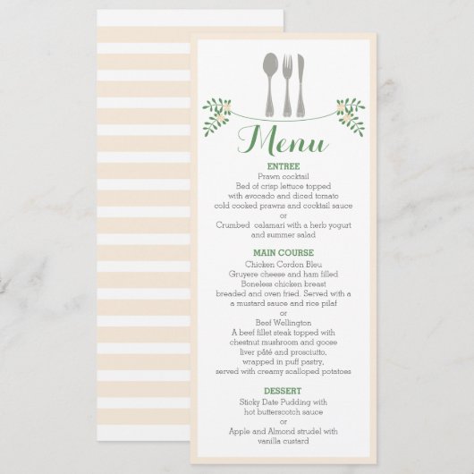 Rustic Floral Cutlery Rehearsal Dinner Menu Card Kaart (Voorkant / Achterkant)