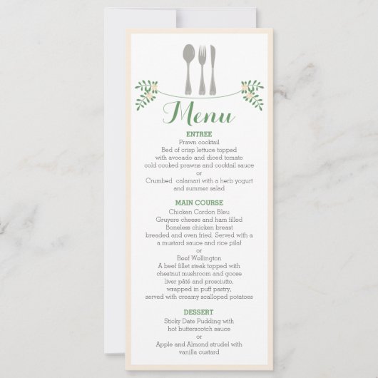 Rustic Floral Cutlery Rehearsal Dinner Menu Card Kaart (Voorkant)