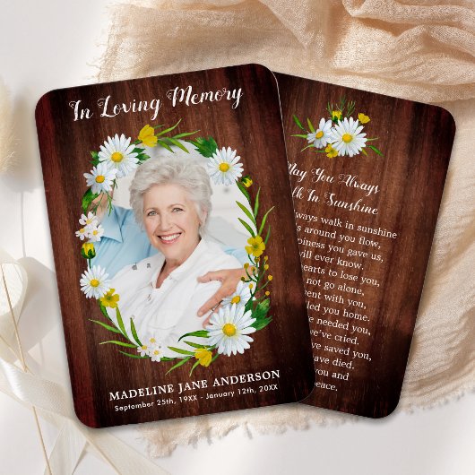 Rustic Floral Daisy Foto Memorial Prayer Kaart