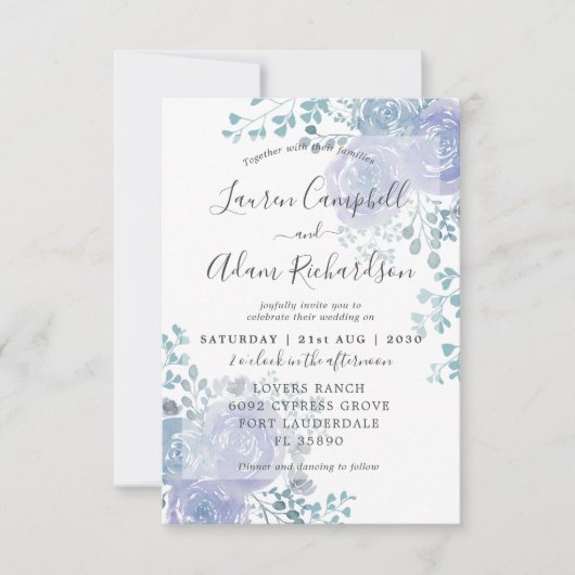 Rustic Floral Dusty Blue & Paars Wedding Invitat Kaart (Voorkant)