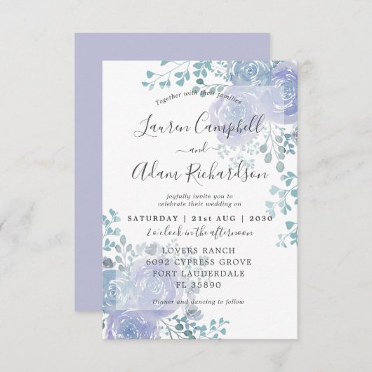 Rustic Floral Dusty Blue & Paars Wedding Invitat Kaart (Voorkant / Achterkant)