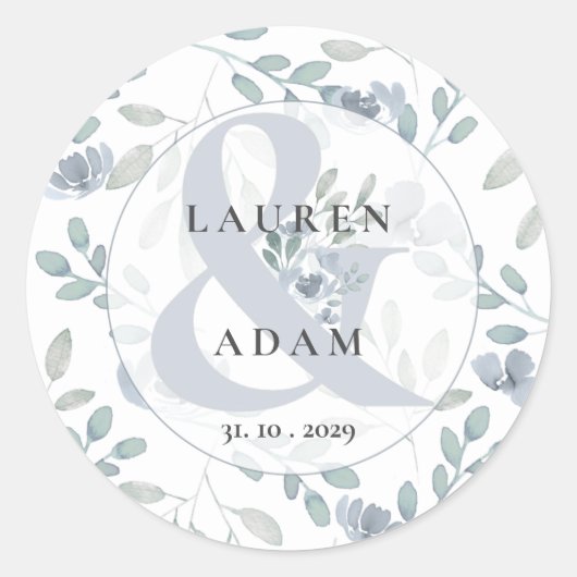 Rustic Floral Dusty Blue Waterverf Wedding Class Ronde Sticker (Voorkant)