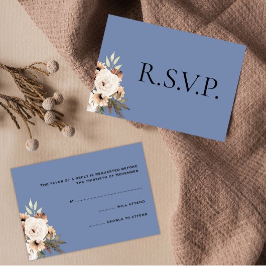Rustic Floral Dusty Blue Wedding RSVP Kaartje